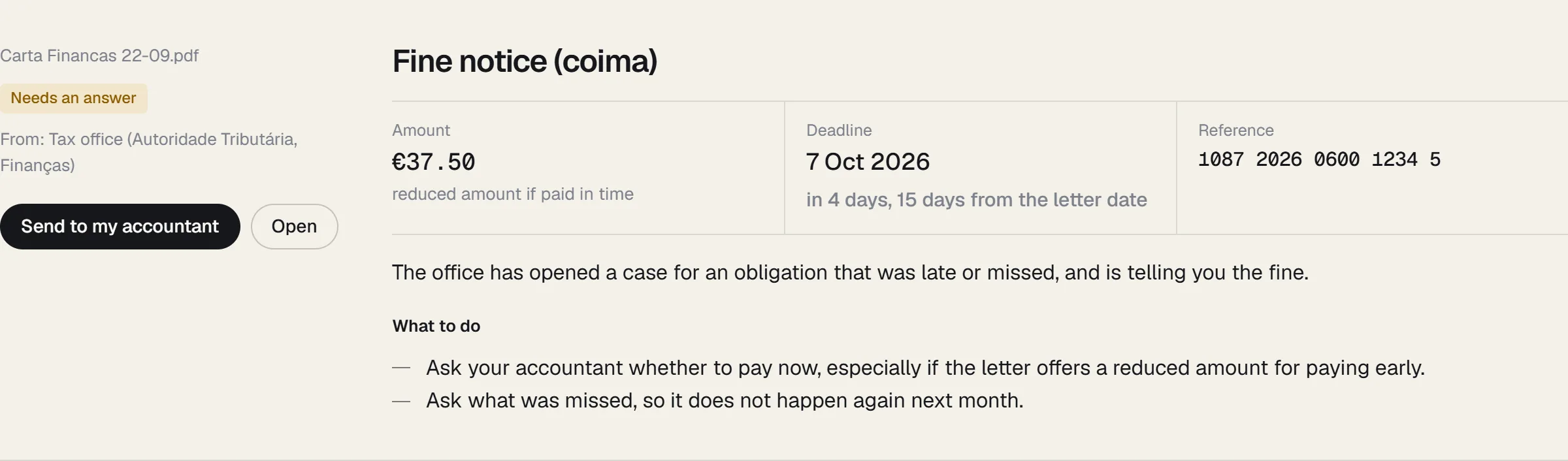 A sample fine notice explained in English: 37.50 euros, deadline 7 October